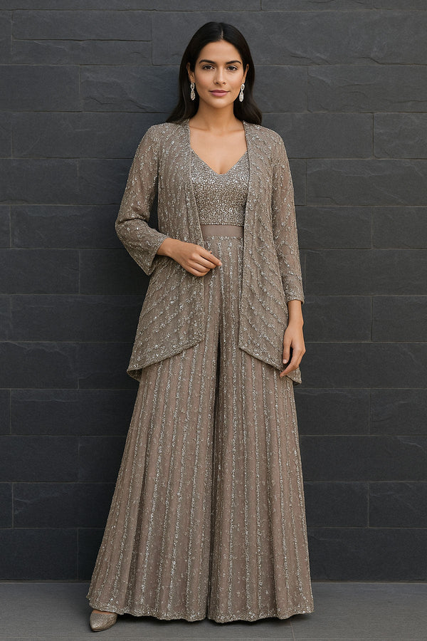 Dusty Rose Sharara Jacket With Bustier Set