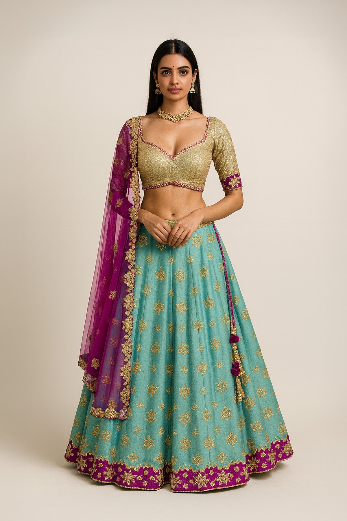 Aqua Shot Tafetta Gota Lehenga Wine Dupatta