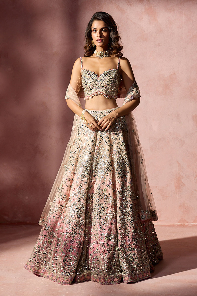 Rose Pink Ombrey Mirror Work Lehenga Set