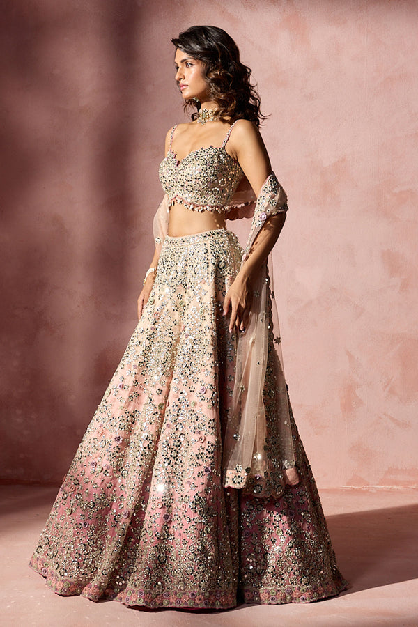 Rose Pink Ombrey Mirror Work Lehenga Set