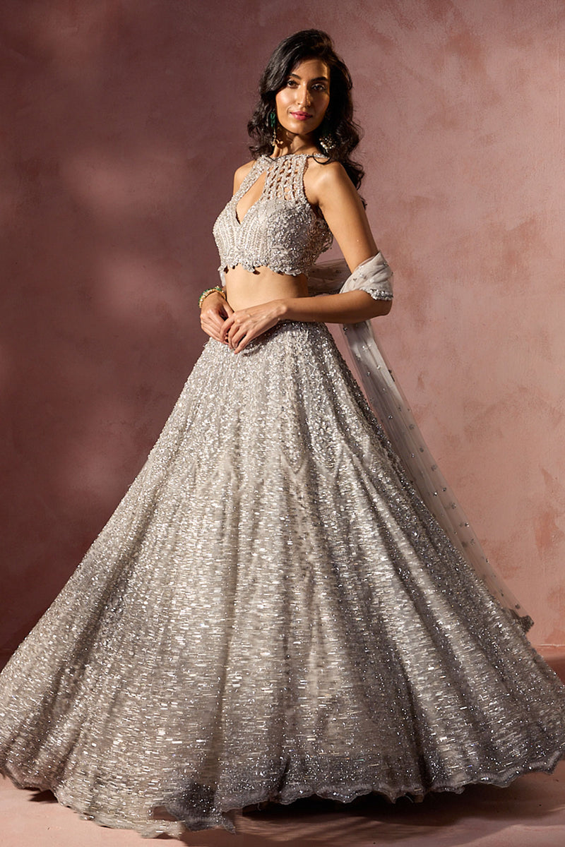Silver Grey Net Lehenga Set