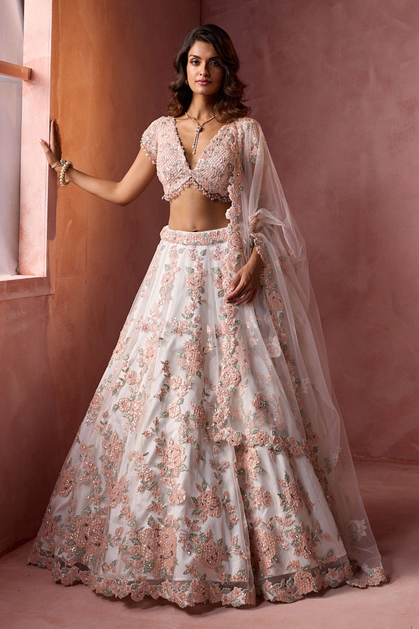 White Net  With Leather Applique Lehenga Set