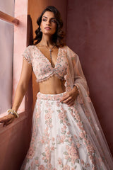 White Net  With Leather Applique Lehenga Set