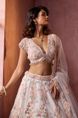 White Net  With Leather Applique Lehenga Set