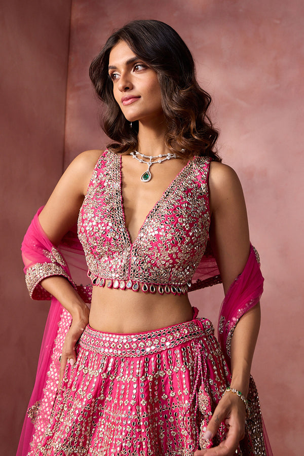 Fuchsia Pink Taffeta Lehenga Set