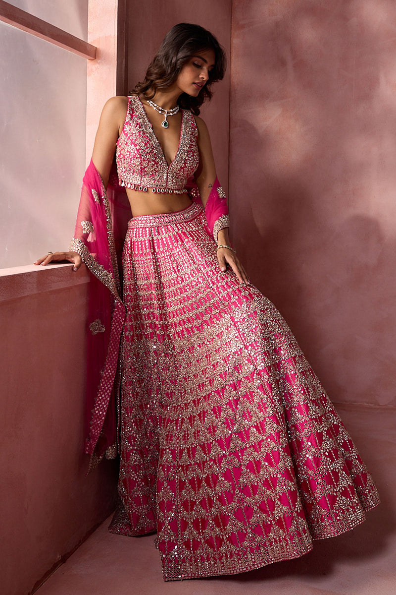 Fuchsia Pink Taffeta Lehenga Set