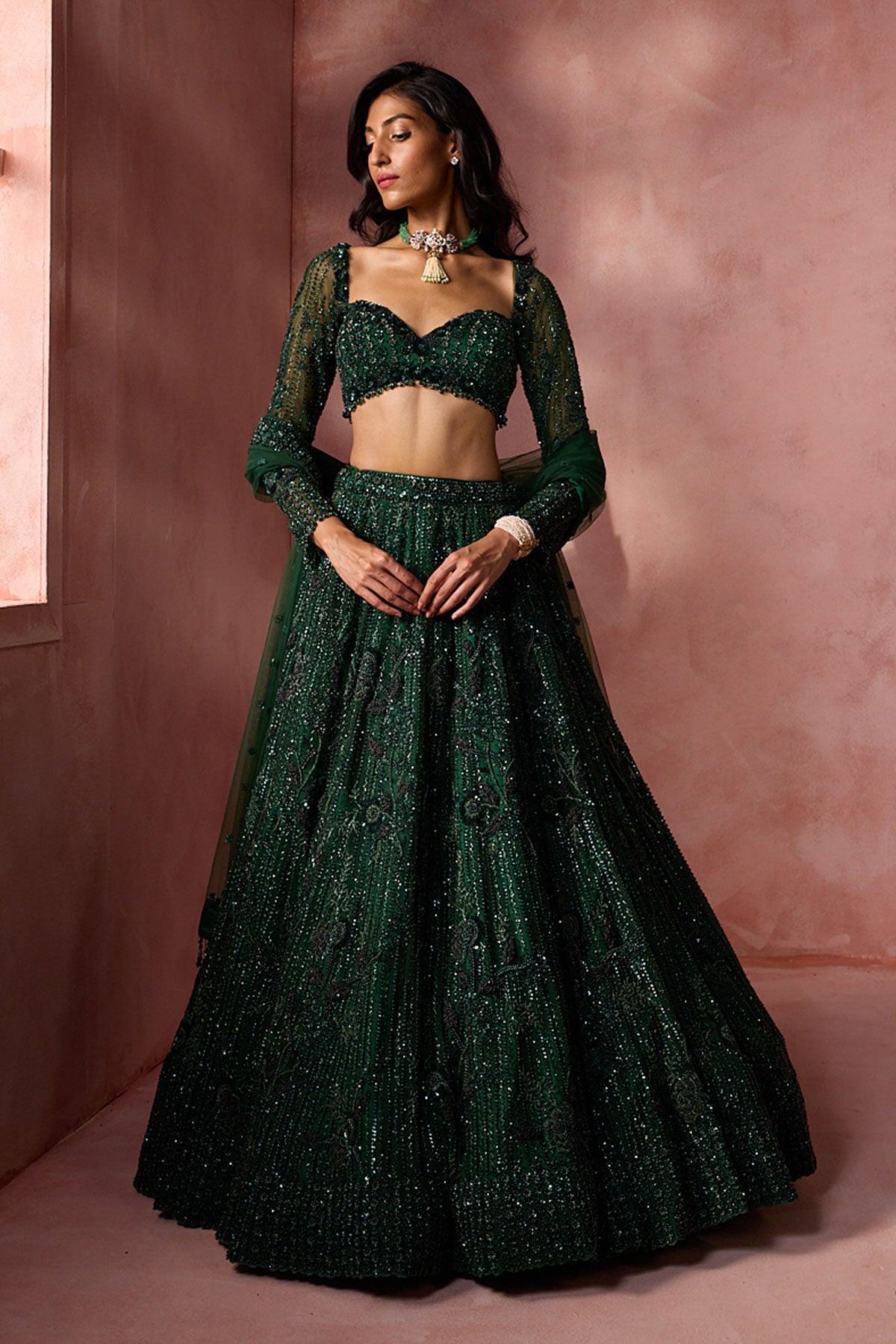 Bottle Green  Net Lehenga Set