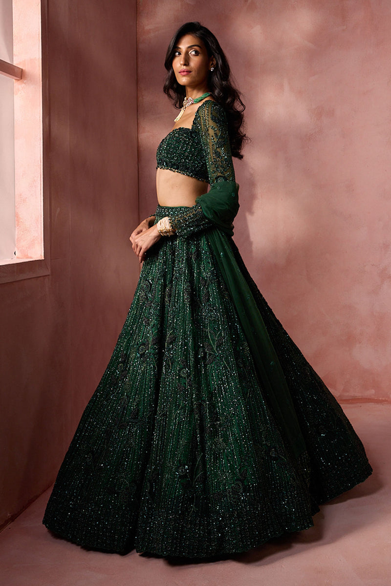 Bottle Green  Net Lehenga Set
