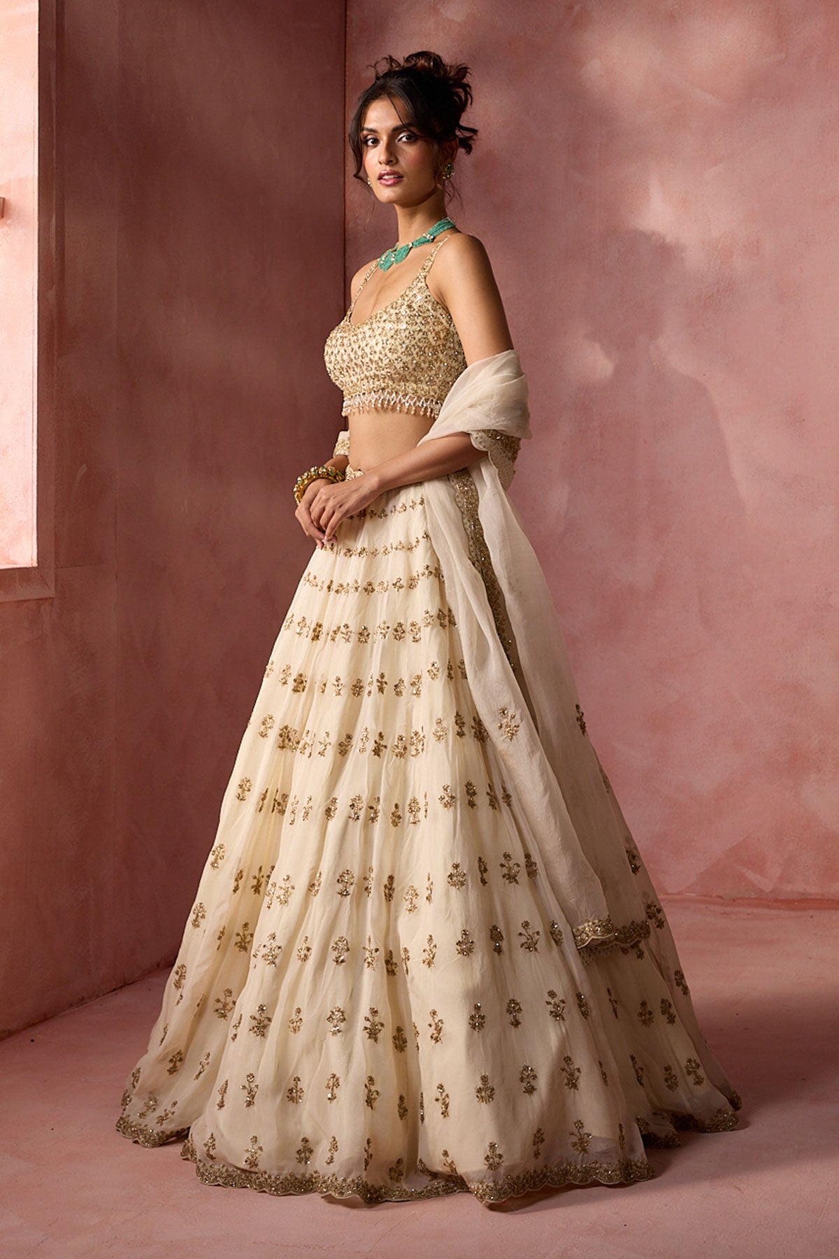 Cream Organza Lehenga Set