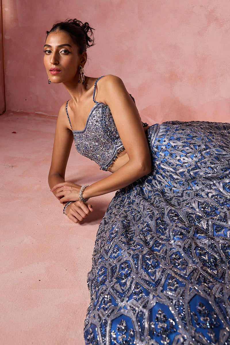 Petrol Blue Net Lehenga Set