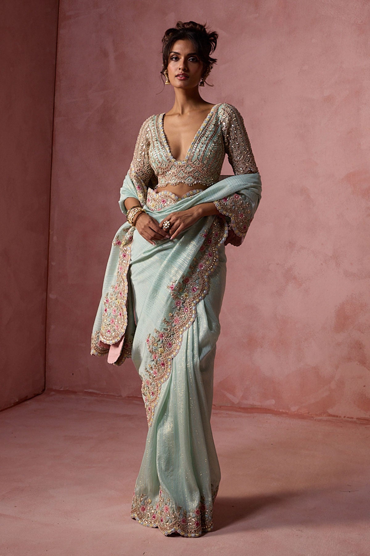 Aqua Lurex Georgette Saree Set