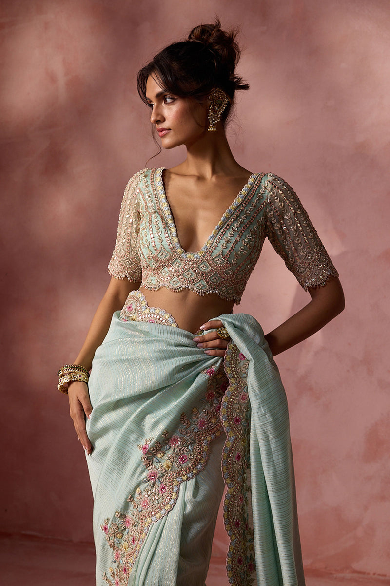 Aqua Lurex Georgette Saree Set