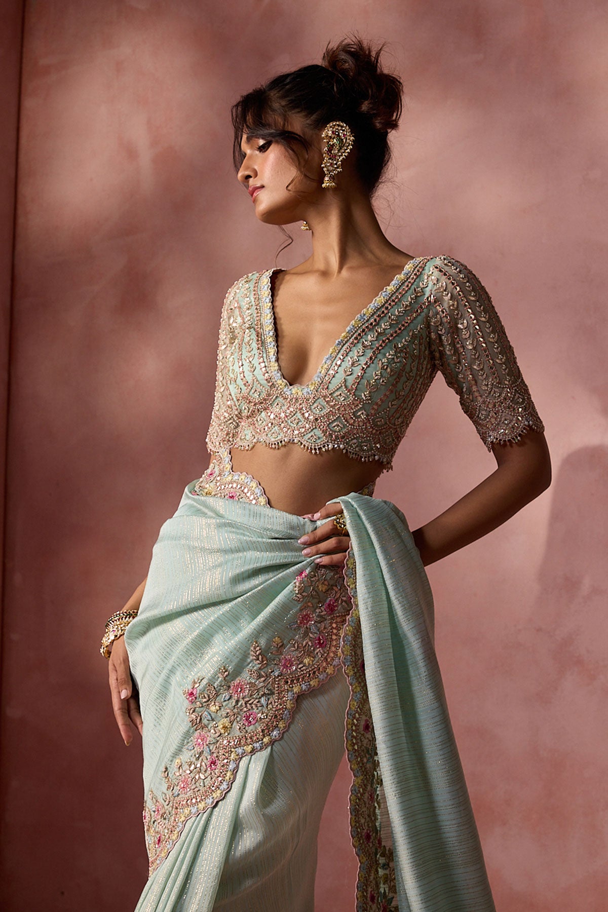 Aqua Lurex Georgette Saree Set