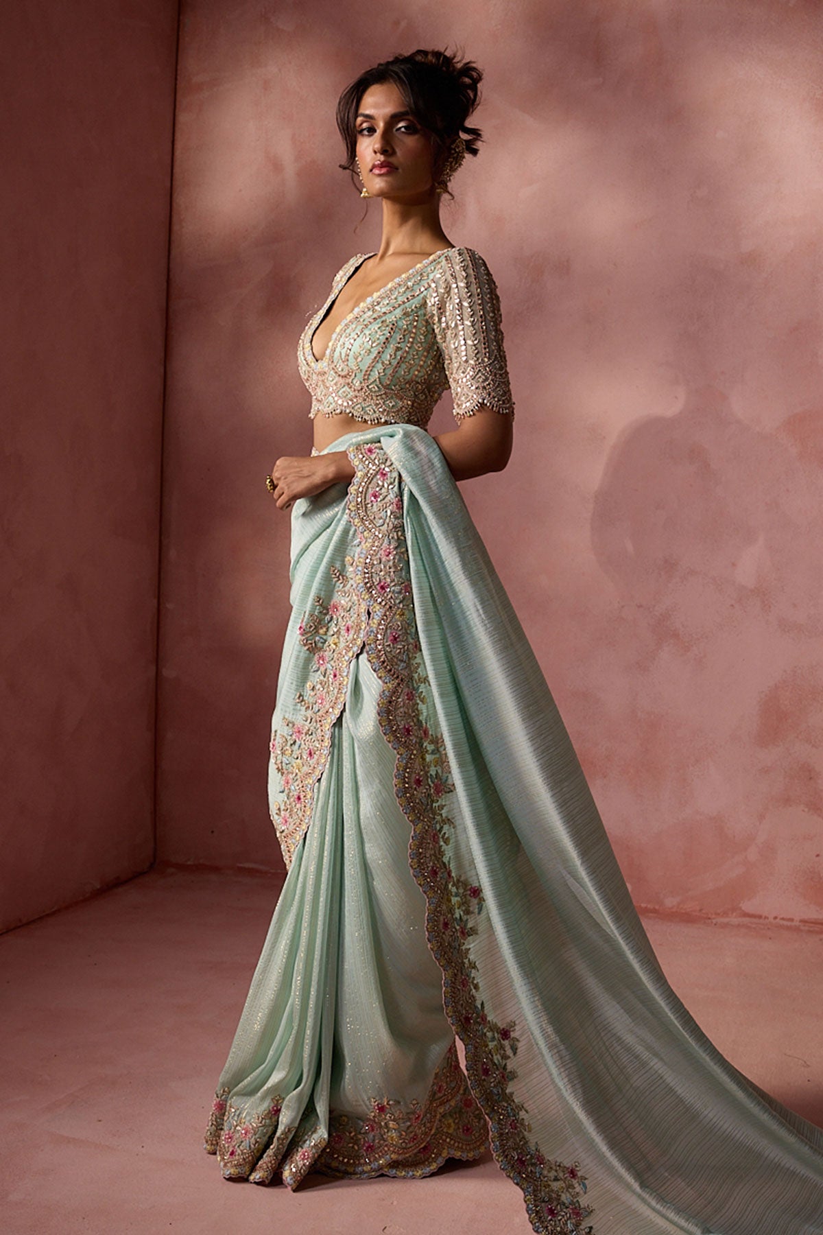 Aqua Lurex Georgette Saree Set