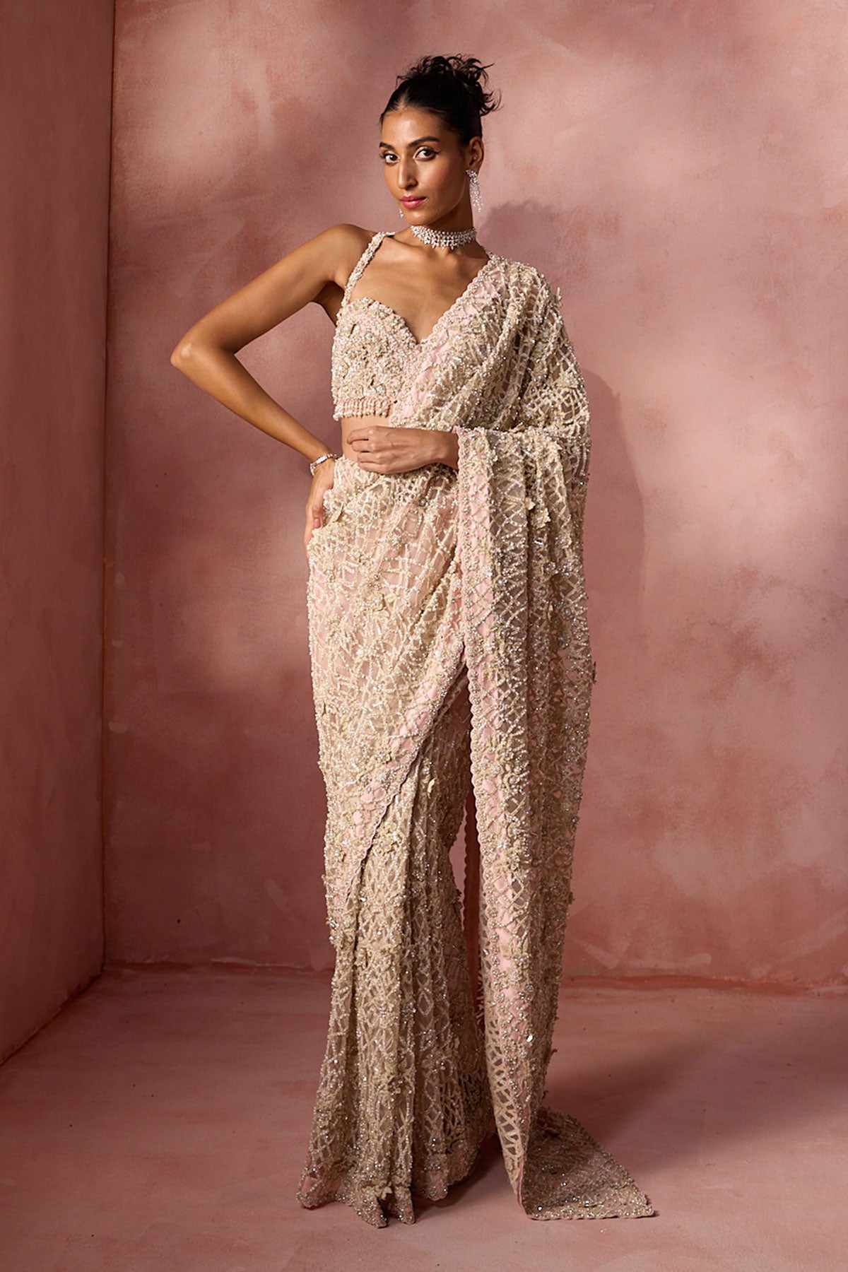 Blush Pink  Net Saree Set