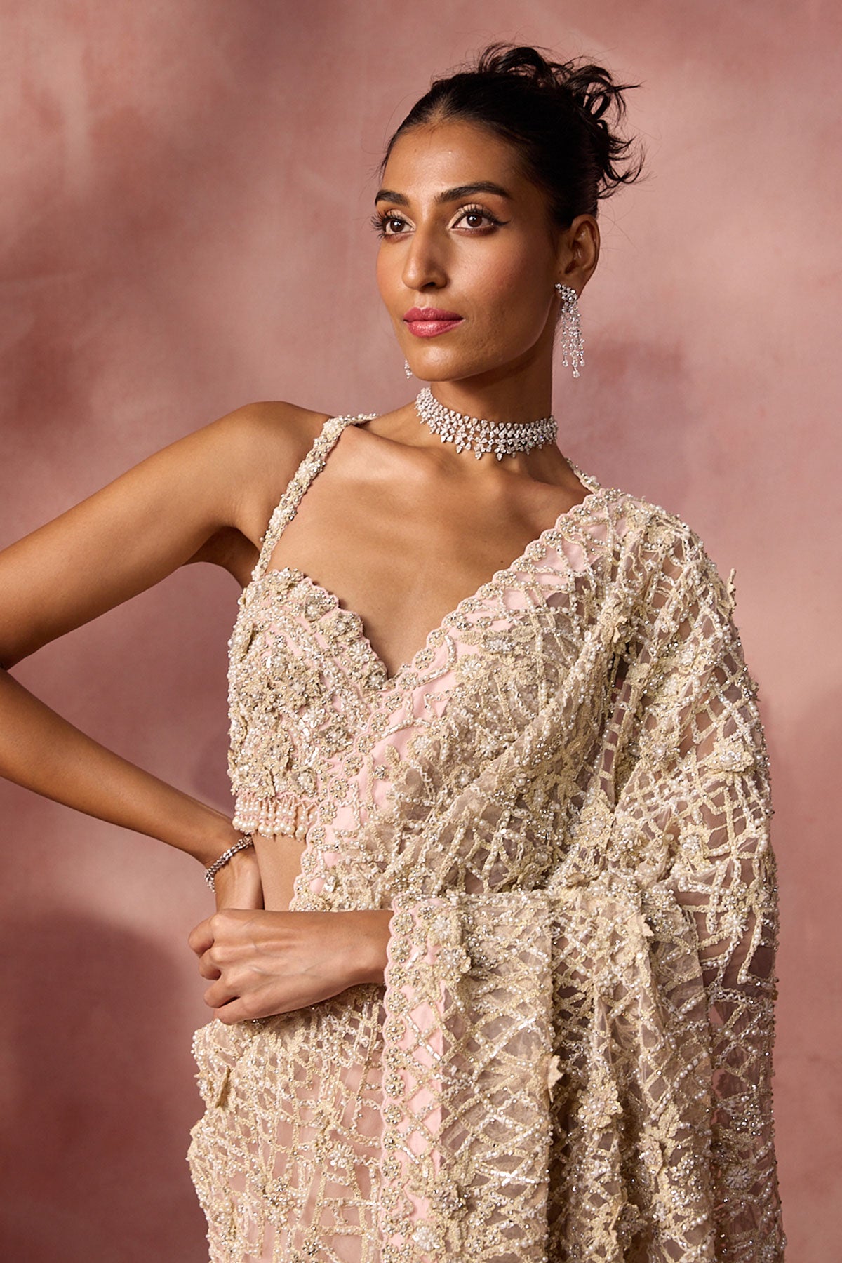 Blush Pink  Net Saree Set