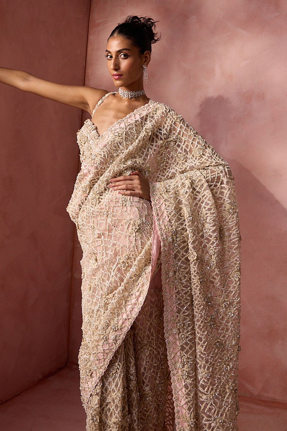 Blush Pink  Net Saree Set