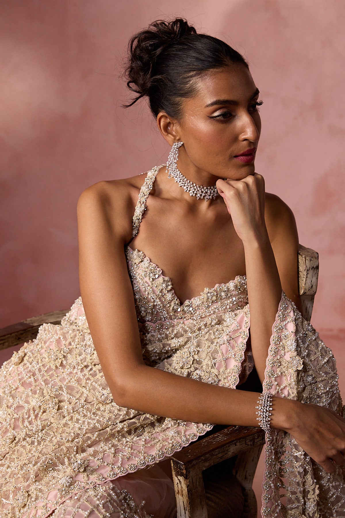 Blush Pink  Net Saree Set