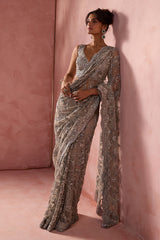 Silver Grey Net Saree Set With Silver Work