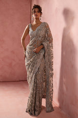 Silver Grey Net Saree Set With Silver Work