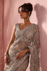 Silver Grey Net Saree Set With Silver Work