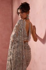 Silver Grey Net Saree Set With Silver Work