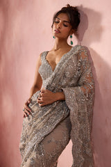 Silver Grey Net Saree Set With Silver Work