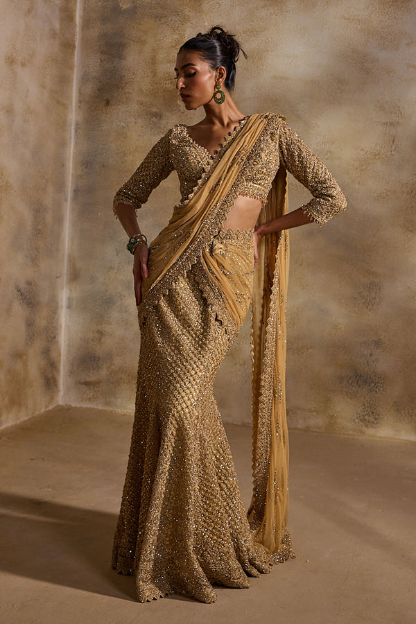 Gold  Net Draped Lehenga Saree