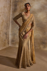 Gold  Net Draped Lehenga Saree