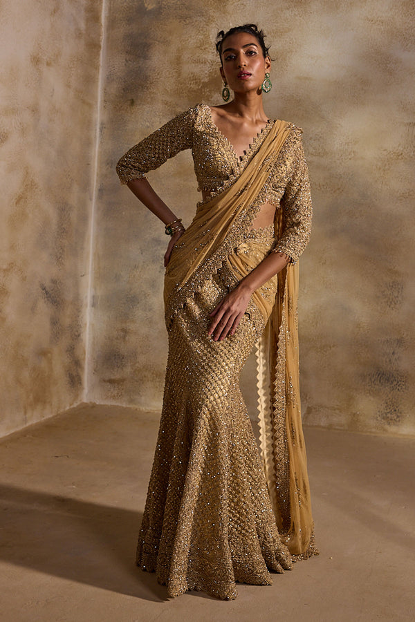 Gold  Net Draped Lehenga Saree