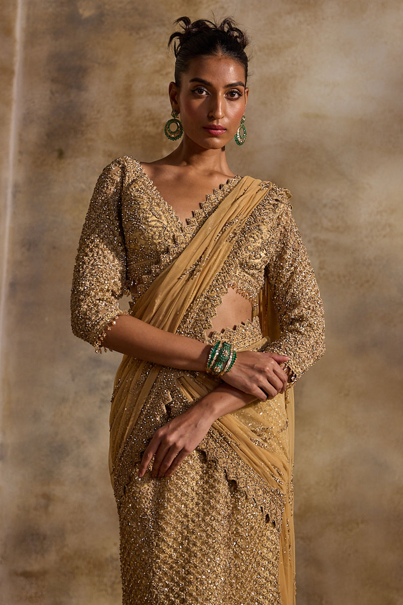 Gold  Net Draped Lehenga Saree
