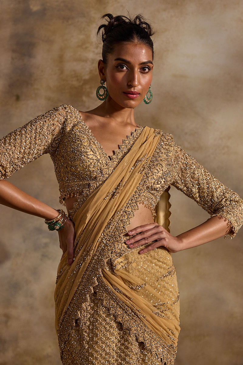 Gold  Net Draped Lehenga Saree