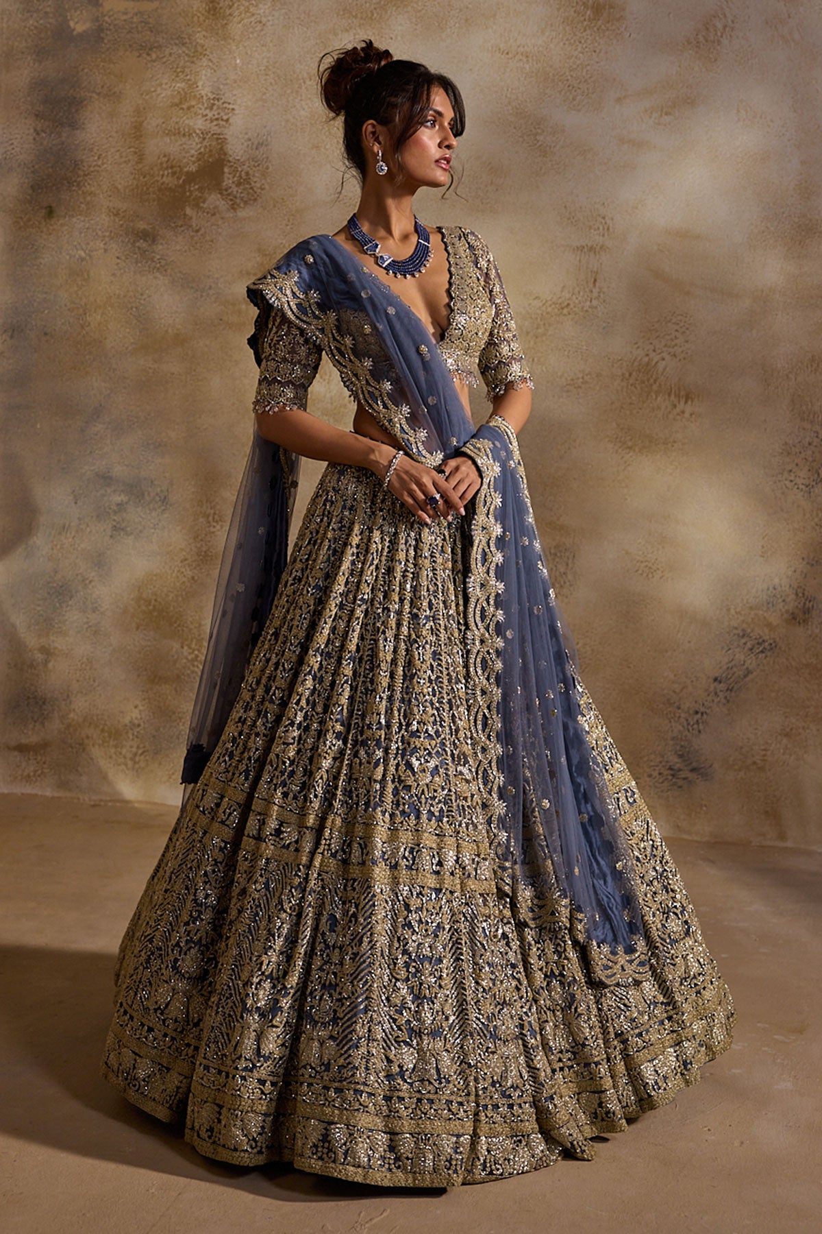 Blue Grey Net Lehenga Set