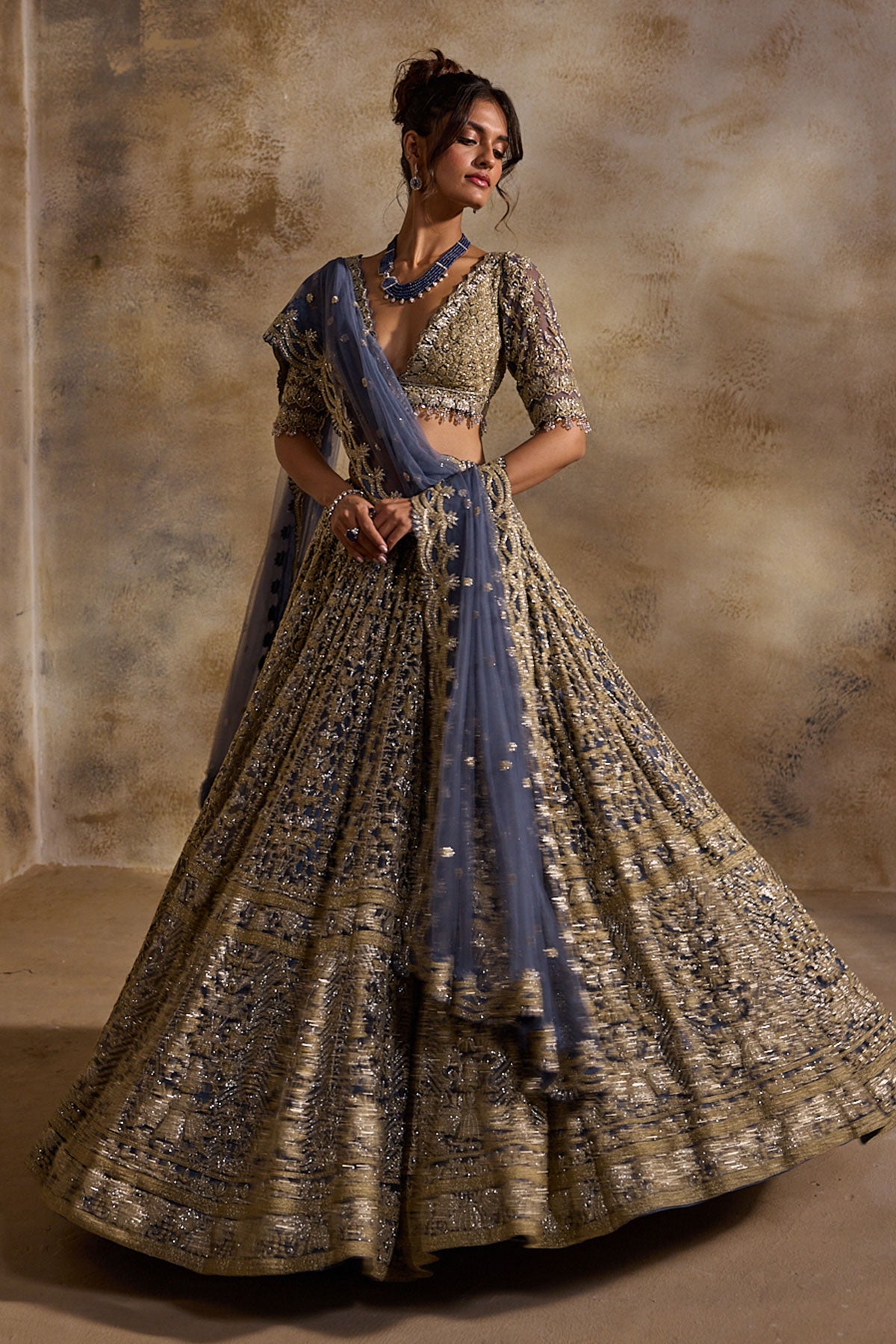 Blue Grey Net Lehenga Set