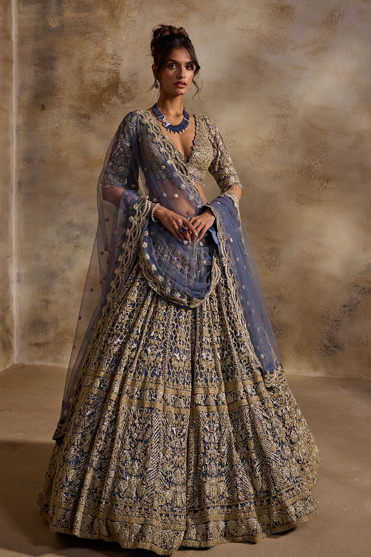 Blue Grey Net Lehenga Set