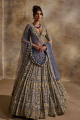Blue Grey Net Lehenga Set