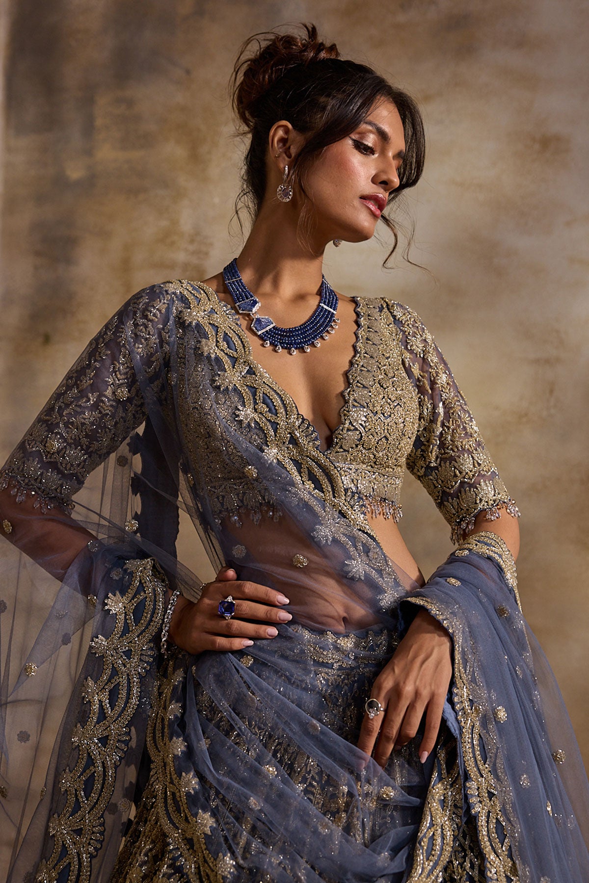 Blue Grey Net Lehenga Set