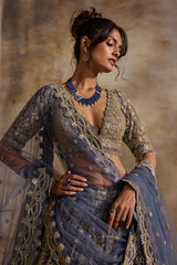 Blue Grey Net Lehenga Set
