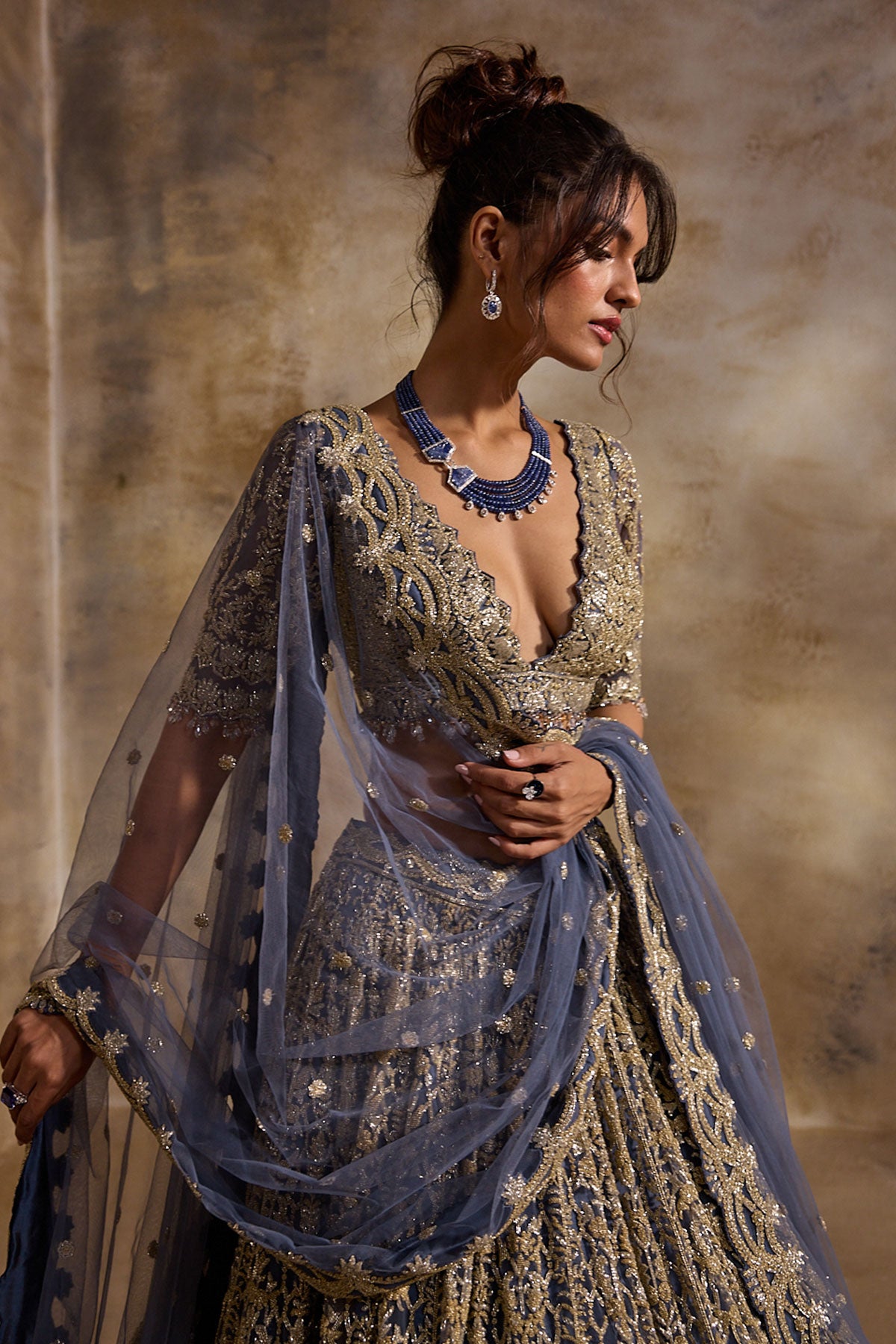Blue Grey Net Lehenga Set