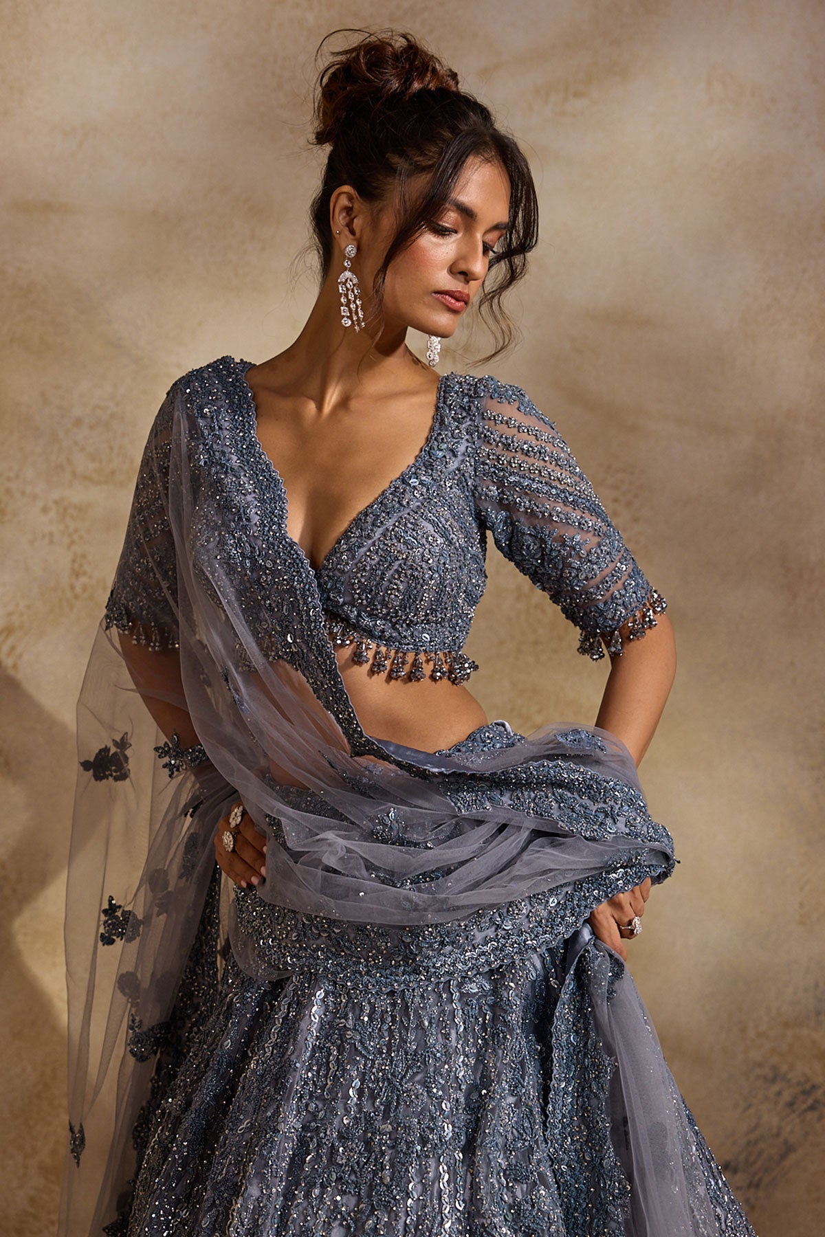 Stone Grey Net Lehenga Set