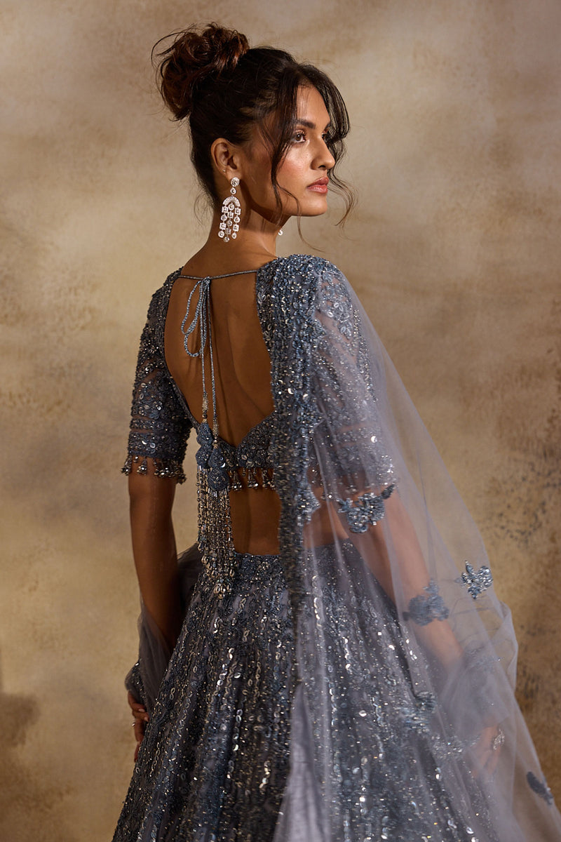 Stone Grey Net Lehenga Set