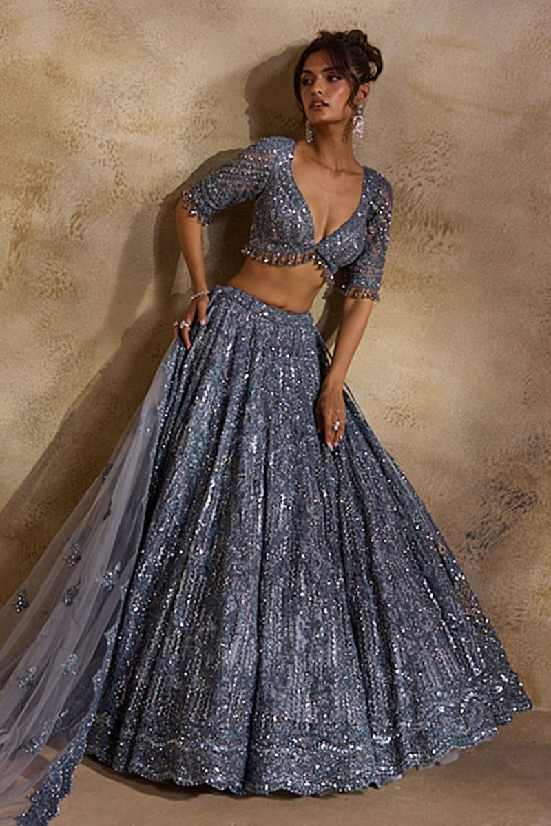 Stone Grey Net Lehenga Set