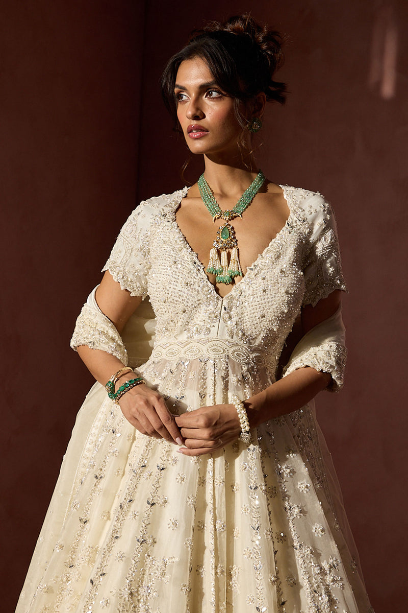 Off White Organza Kalidar With Shimmer Lehenga Dupatta