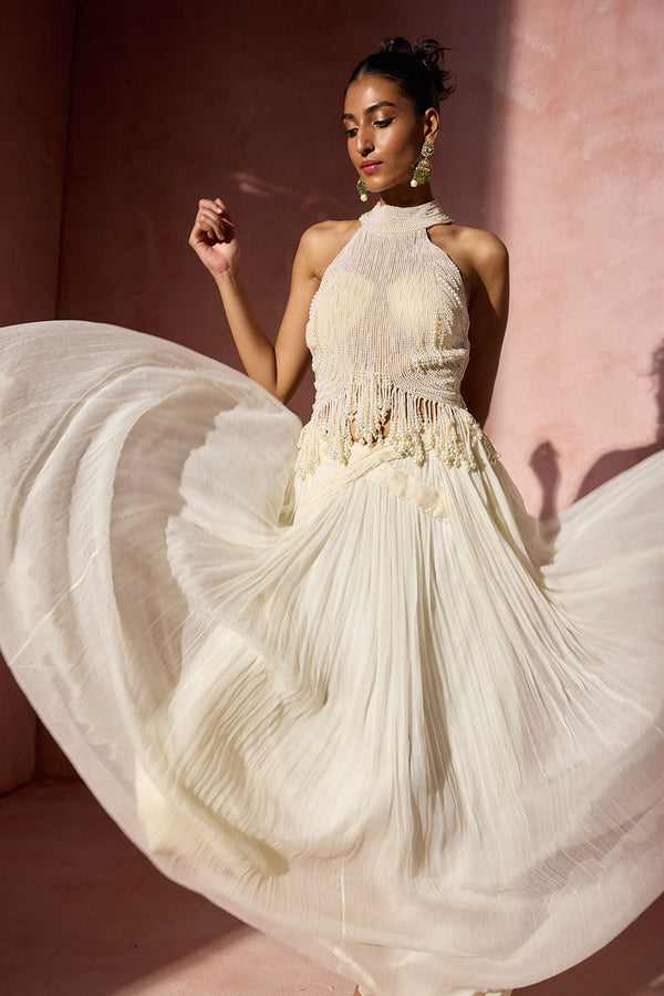 Ivory  Pleated Skirt  And Halter Set