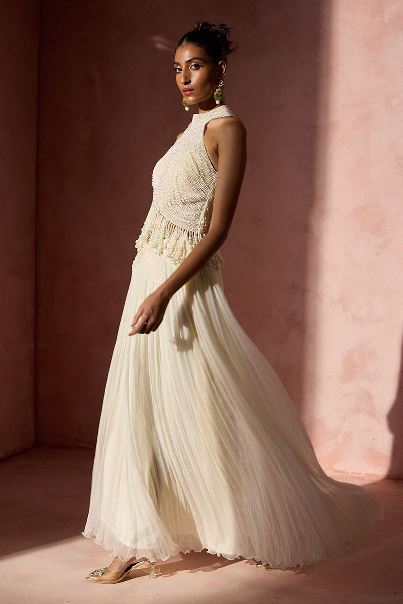 Ivory  Pleated Skirt  And Halter Set