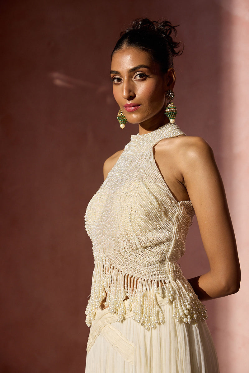 Ivory  Pleated Skirt  And Halter Set