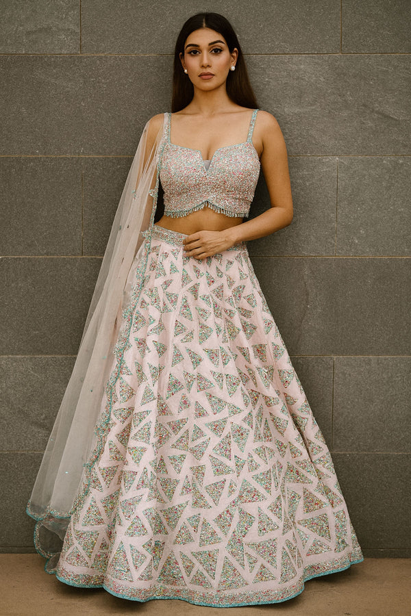 Powder Pink Tafetta Lehenga Multi Resam Set