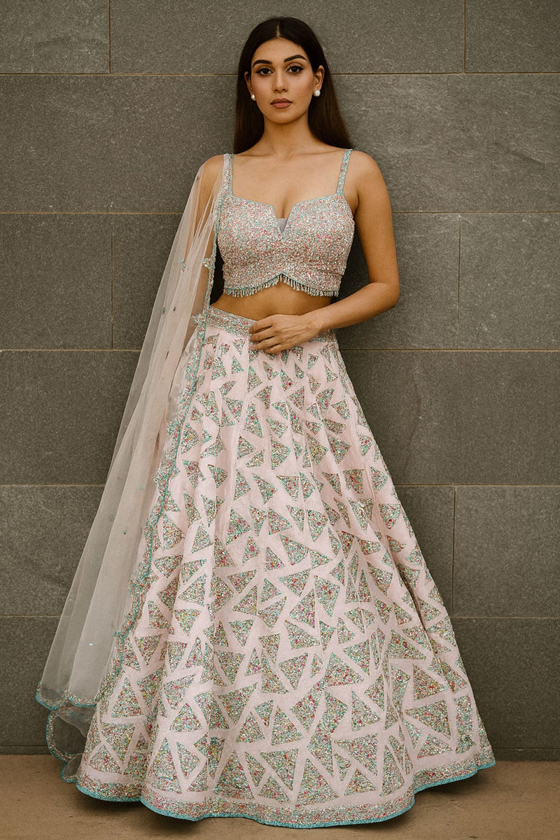 Powder Pink Tafetta Lehenga Multi Resam Set
