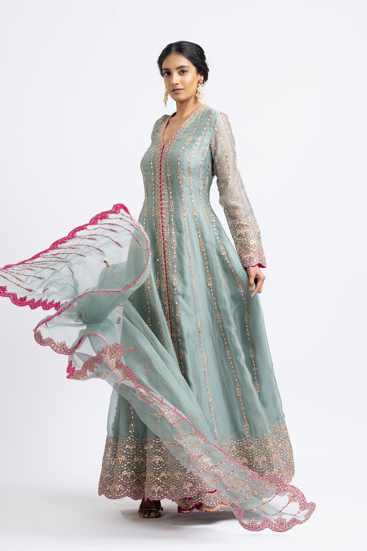 Jade Green Organza Jacket And Sharara Gota Work