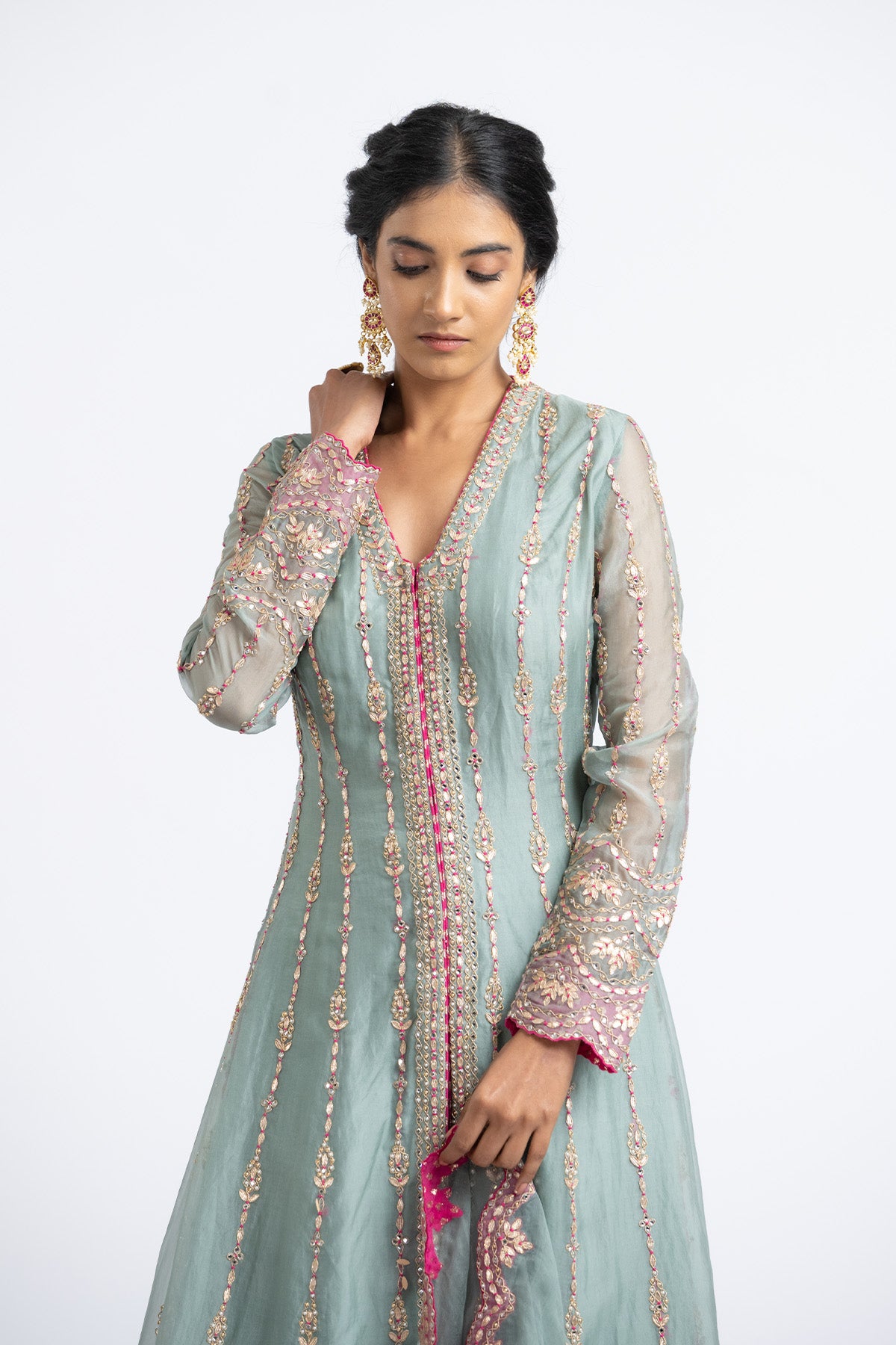 Jade Green Organza Jacket And Sharara Gota Work